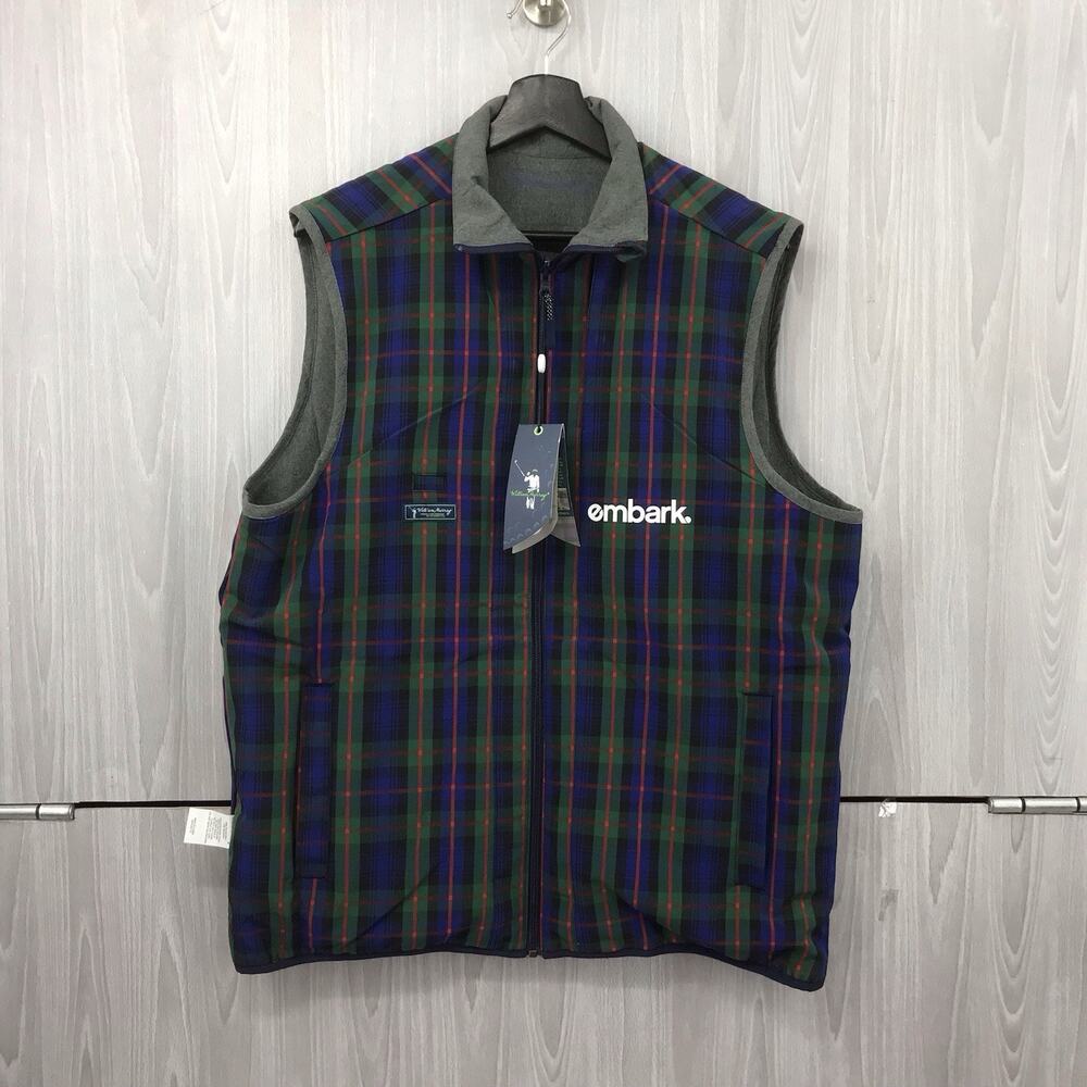 William Murray Reversible Vest Men's Large Green Plaid Zip Golf Performance Logo